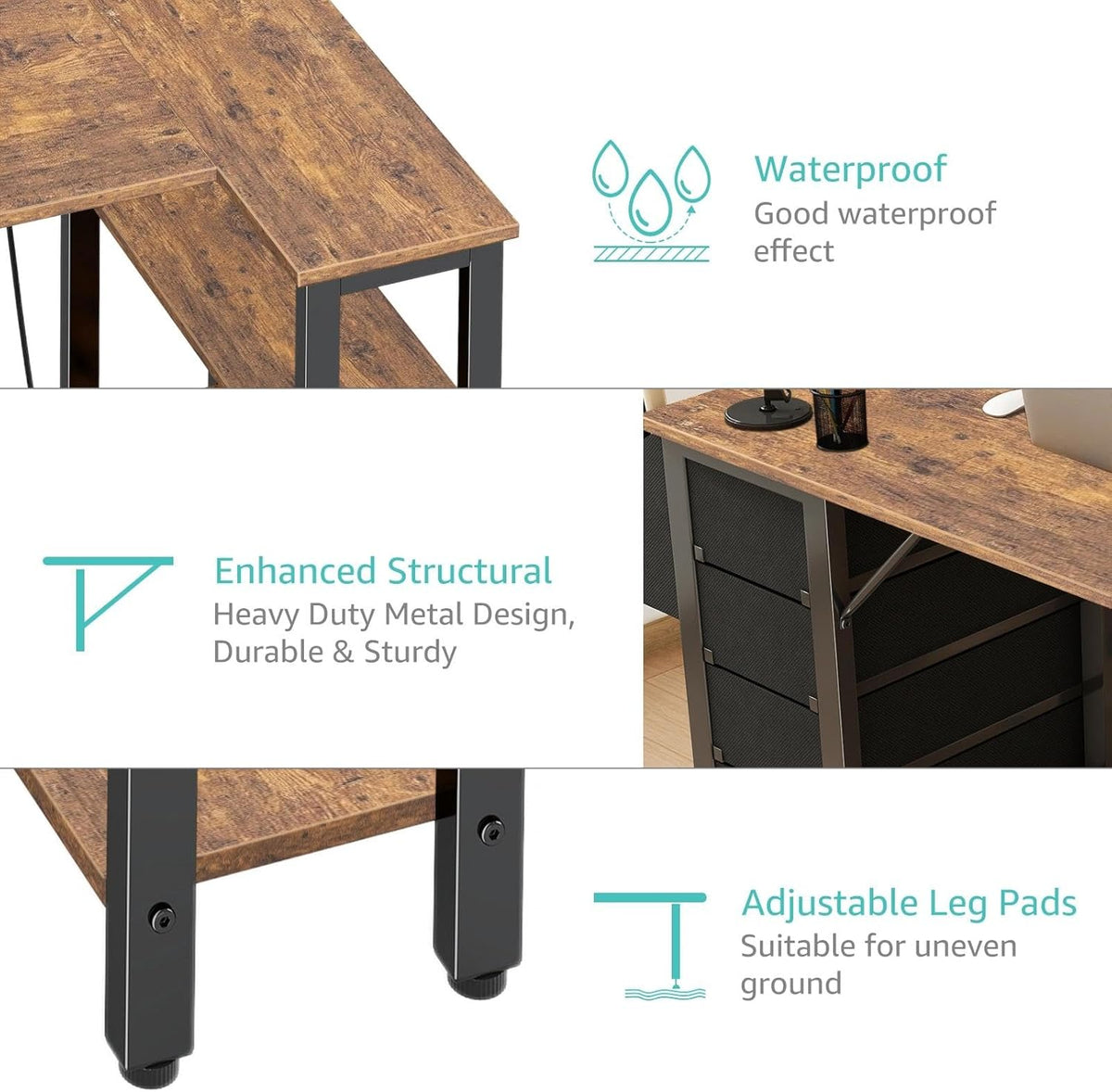 Rustic brown reversible L shaped desk with fabric drawer and power outlet, view 9