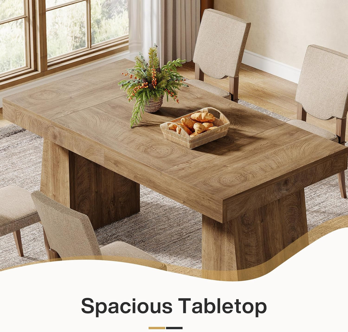 55-Inch Dining Table for 4-6, Rectangular Dining Room Table with Sturdy Legs, Wood Kitchen Dinner Table, Mid-Century Modern Dining Table for Dining Room, Kitchen, Home, Yellow