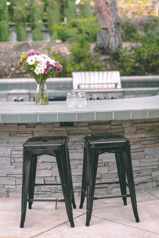 24" Bar Stools Black Backless Metal Barstools Indoor-Outdoor Counter Height Stools with Square Seat, Set of 2 - VF1571001