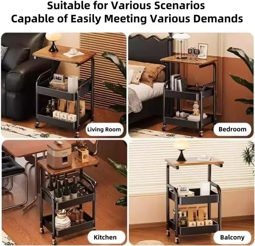 3 Tier Metal Rolling Utility Cart Organizer with Walnut Table Top, Stable and Sturdy Rolling Storage Carts with 2 Lockable Wheels for Kitchen,Bathroom,Snacks,Coffee,Craft,Makeup,Baby Essentials