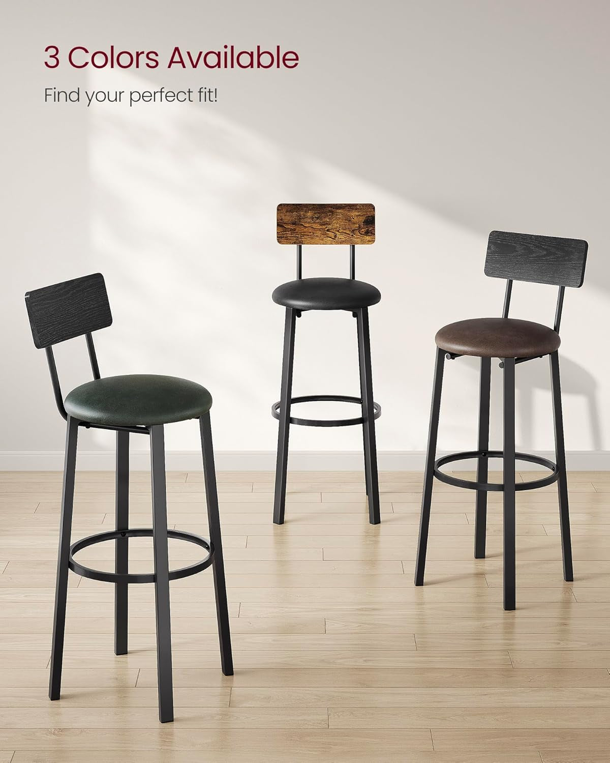Bar Stools, Set of 2 PU Upholstered Breakfast Stools, 29.7 Inches Barstools with Back and Footrest, Simple Assembly, for Dining Room Kitchen Counter Bar, Rustic Brown and Black ULBC069B81