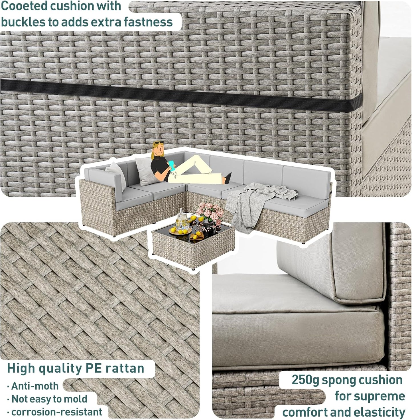 7-Piece Outdoor Sectional Furniture Set, All-Weather Wicker Patio Sofa with Washable Cushions, Gray Waterproof Rattan Conversation Set for Backyard, Poolside, Garden (Gray Cushions)