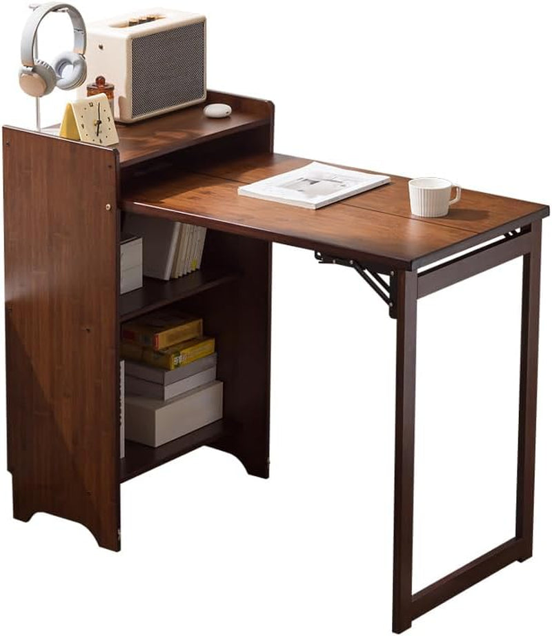 Bamboo folding desk with storage shelves and drop down table, view 7