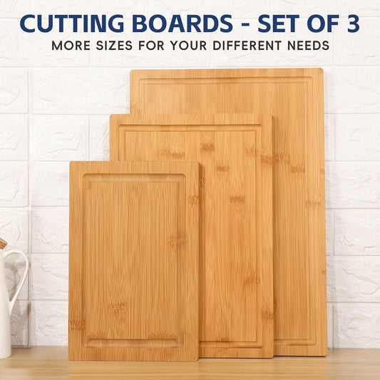 3-Piece Bamboo Cutting Boards for Kitchen, Heavy Duty Bamboo Cutting Board with Juice Groove, Wood Cutting Board Set for Meat, Vegetables