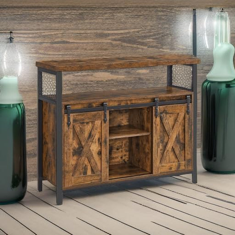 Coffee Bar Cabinet with Power Outlet and Voice Control LED Light, Buffet Cabinet with Sliding Barn Doors, S Hooks, Wine Glass Racks, Bottle Holders, Rustic White and Honey Brown ULSC201W01