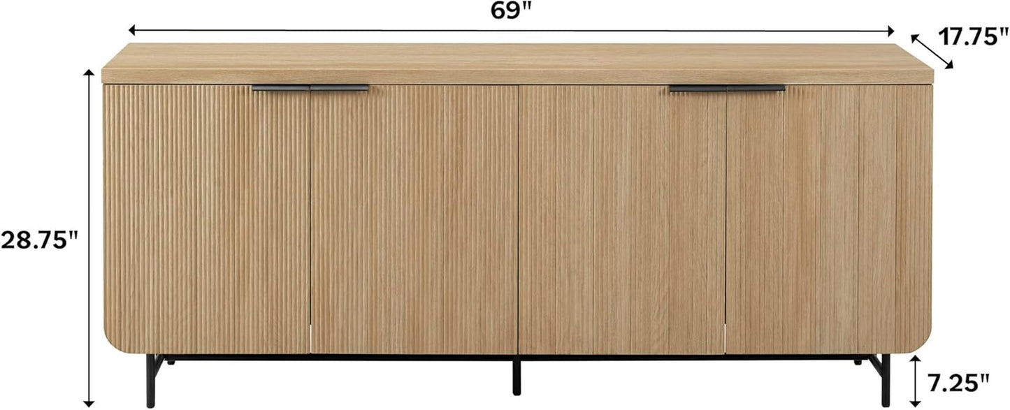 Reema Fluted 4-Door Kitchen Sideboard Buffet Console, 69 Inch, Coastal Oak