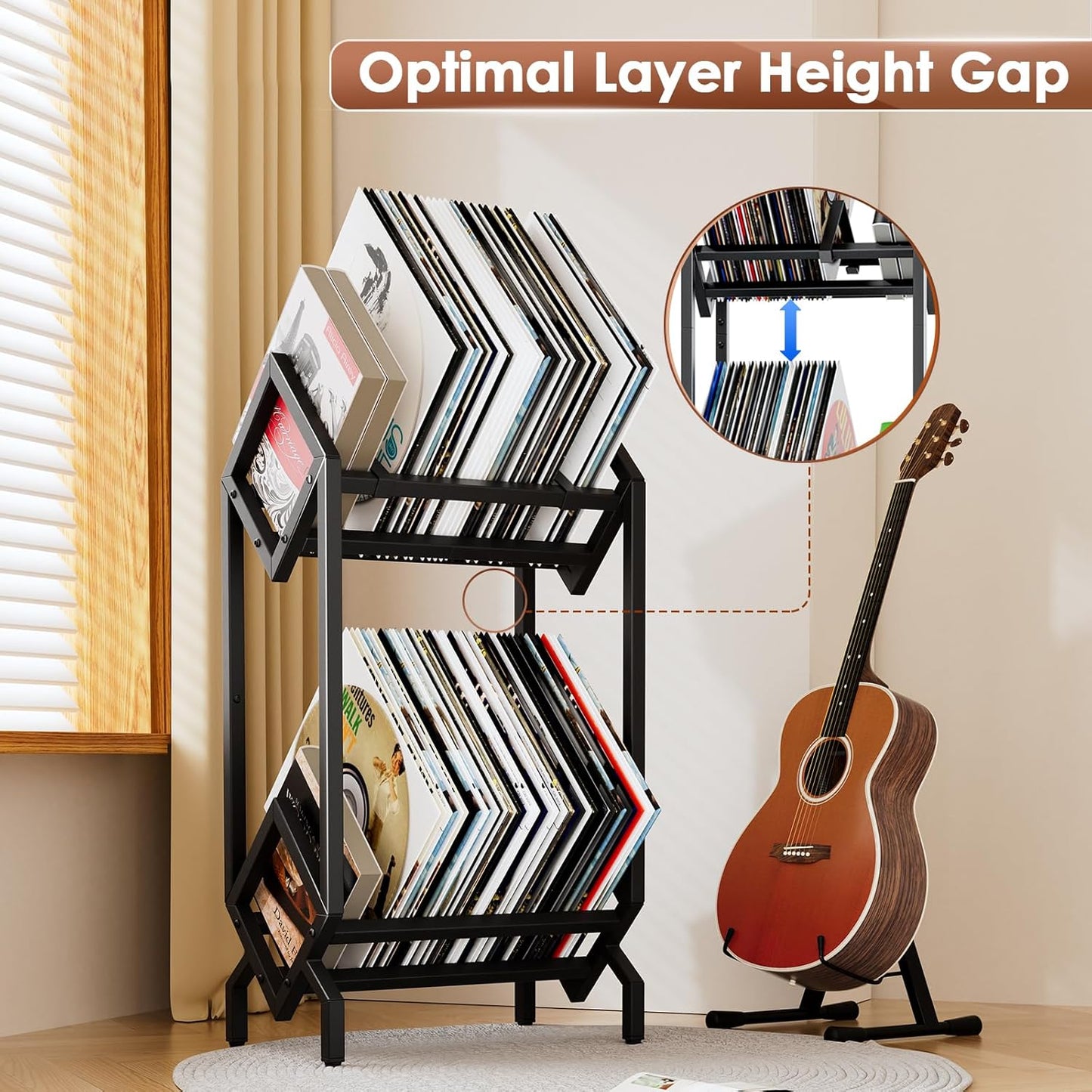 Vinyl Record Storage Rack, Record Holder 160-200 LP Storage Shelf Display Stand for Albums Books Magazines Files, Matte Black