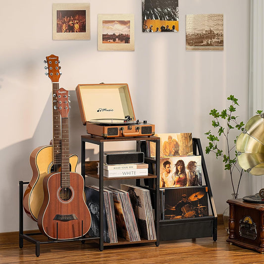 Record Player Stand, Adjustable Guitar Stand for Acoustic Guitar, Electric Guitar, Bass, Turntable Stand with Vinyl Display Shelf Storage up to 150 Albums,Brown End Table for Music Room