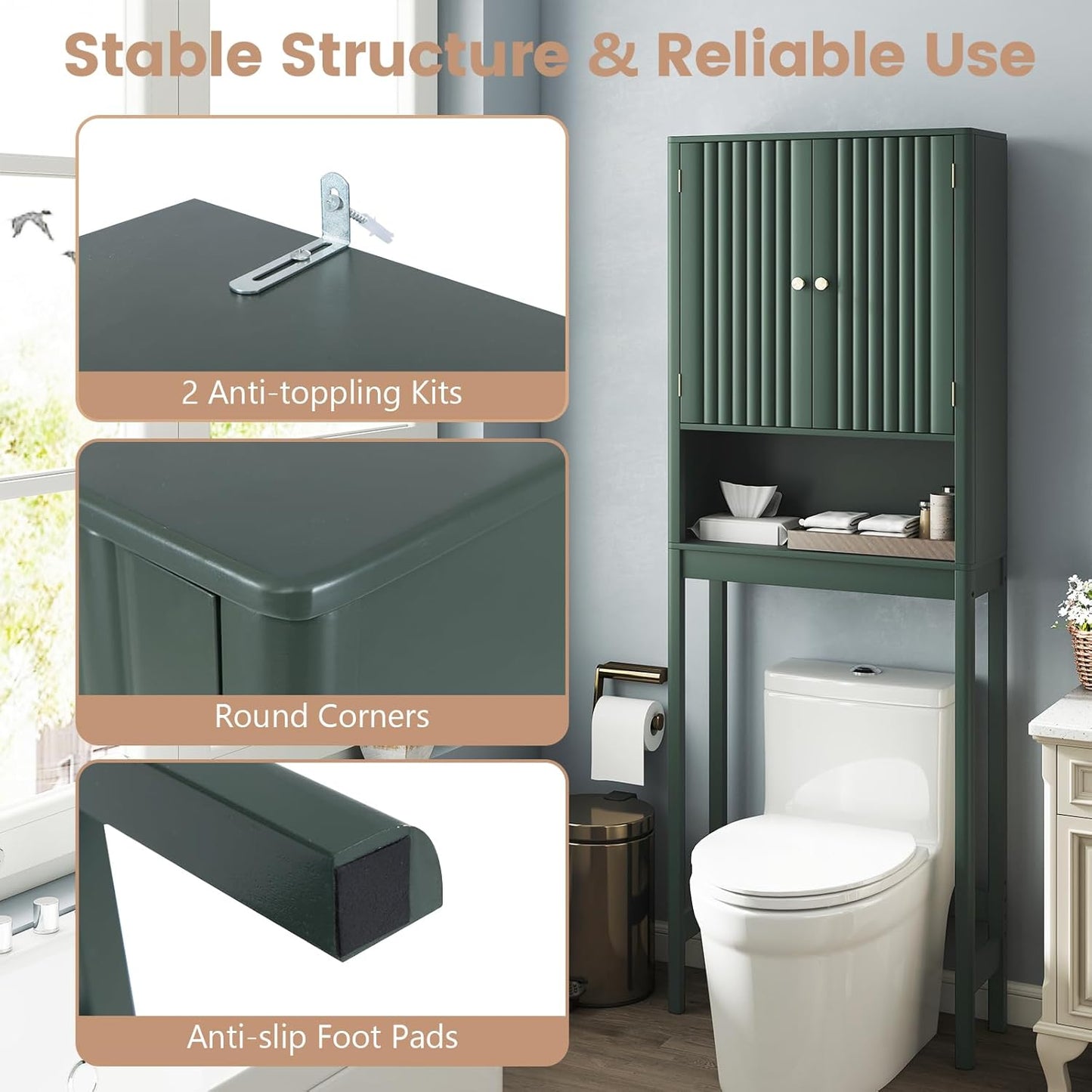 over the Toilet Storage Cabinet, above Toilet Bathroom Organizer with Fluted Doors, Adjustable Shelf & Bottom Bar, Tall Freestanding Rack Space Saver over Toilet (White)
