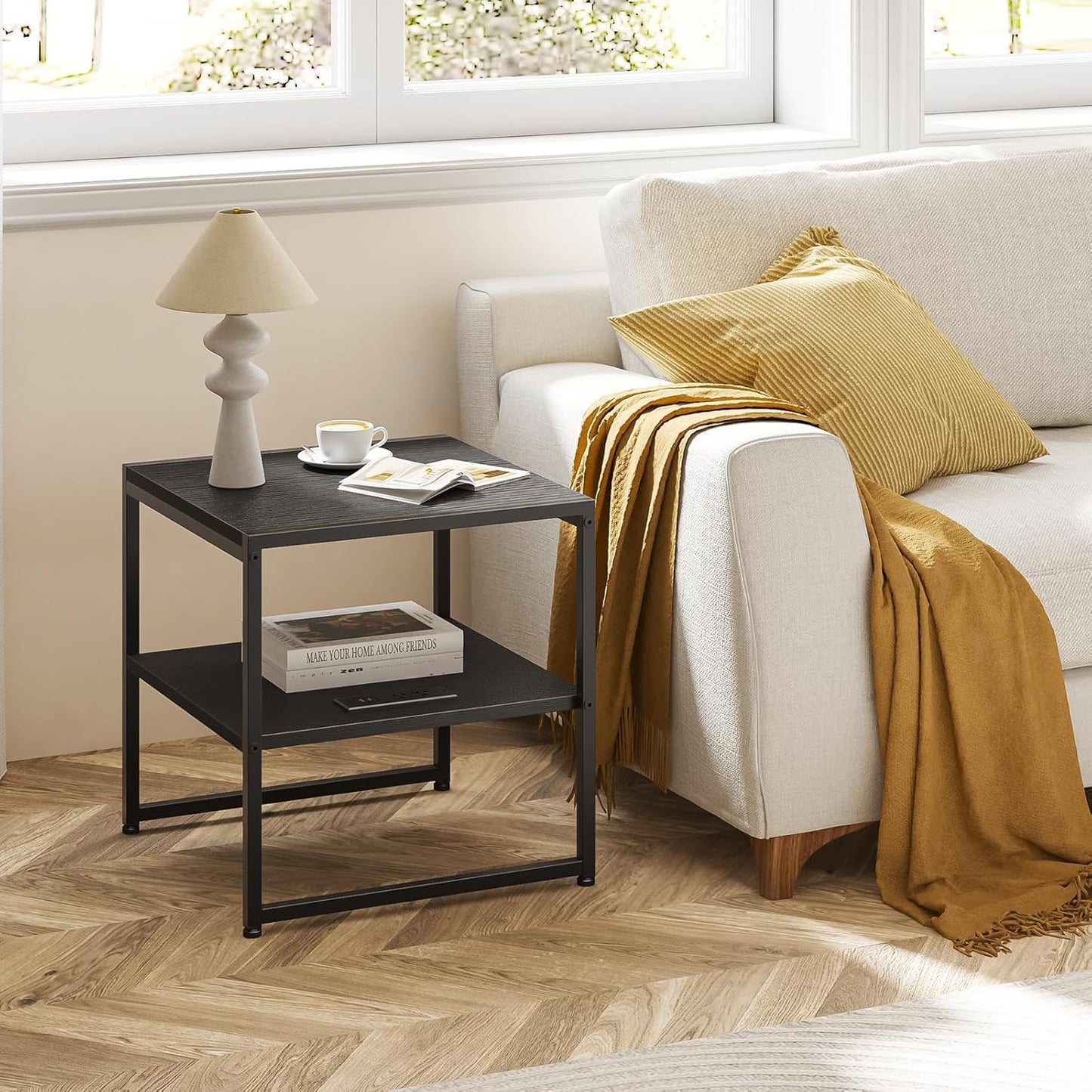 20" End Table with Charging Station, Industrial Square Side Table with USB Ports & Outlets, Versatile 2-Tier Small Nightstand for Bedroom Living Room, Black