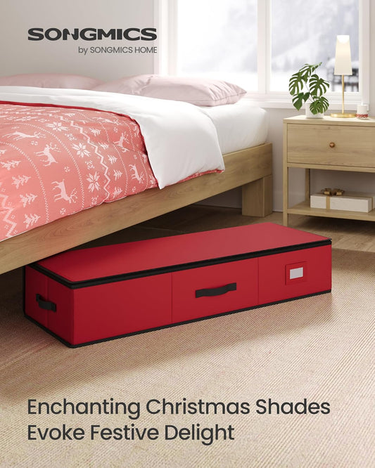 Christmas Ornament Storage Box, 96 Slots of 3 Inches, 38 X 13.2 X 6.9 Inches, Bauble Storage Box with Dividers, Oxford Fabric, Zippers, Side Handles, under the Bed, Cherry Red URFB042R01