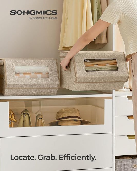 Stackable Storage Bins Set of 2, Storage Boxes with Lids and Front Windows, Non-Woven Fabric Closet Organizers with Magnetic Closures, Side Handles, Sand Beige URLB002Y01