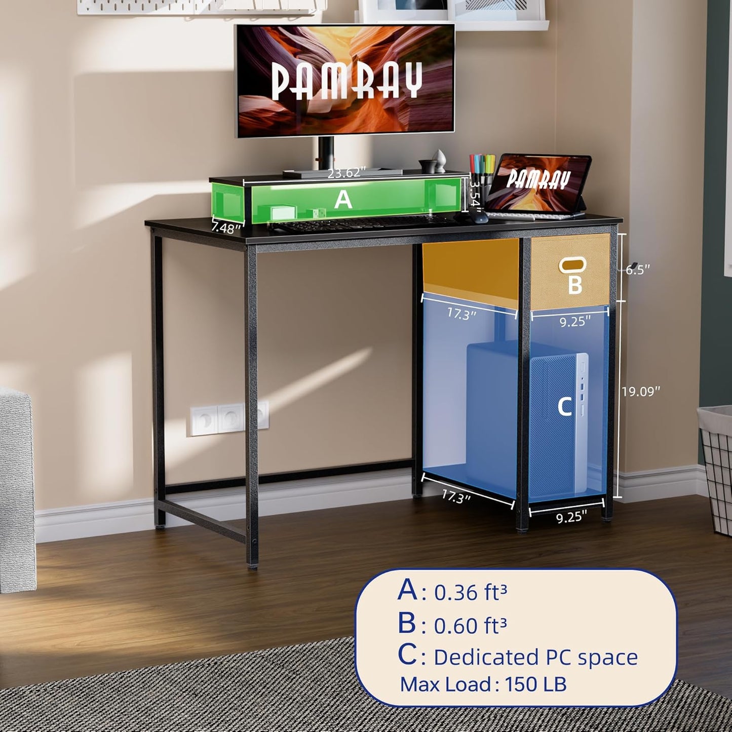 39 Inch Computer Desk with Monitor Stand Small Home Office Desks with Non-Woven Storage Drawer for Bedroom Study Table Writing and Work Desk Black