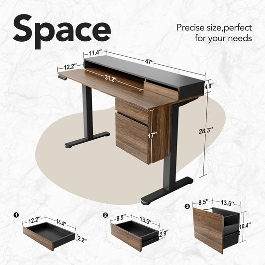 Standing Desk with Drawers and File Cabinet, 47 Inch Electric Height Adjustable Desk with Storage, Ergonomic Stand up Table with Monitor Stand, Black Walnut