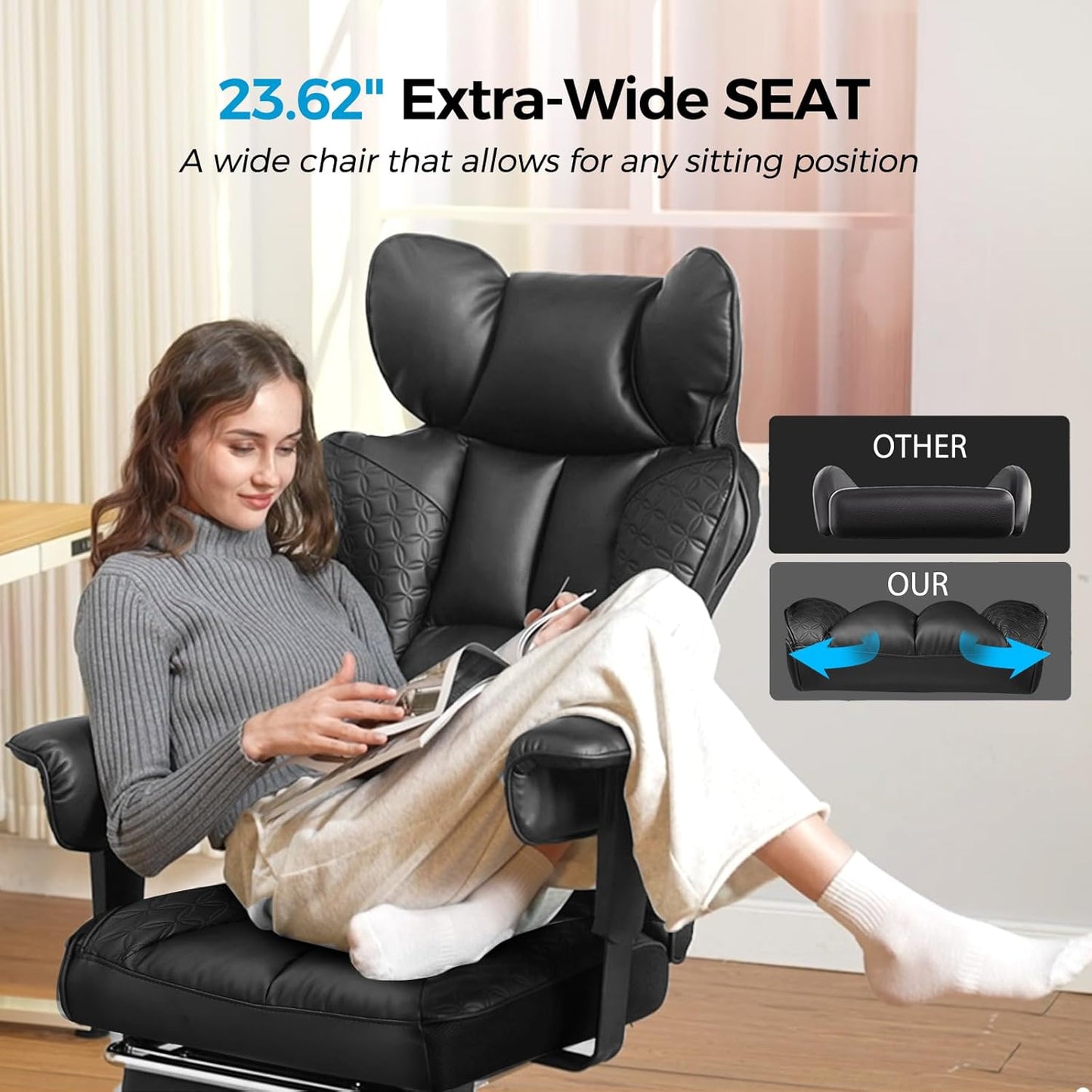 Big and Tall Office Chair 400LBS Wide Ergonomic Gaming Chair with Deluxe Embossing Designed Leather with Foot Rest,150°Reclining Adjustable Armrests Pocket Spring Back Support and Pillow