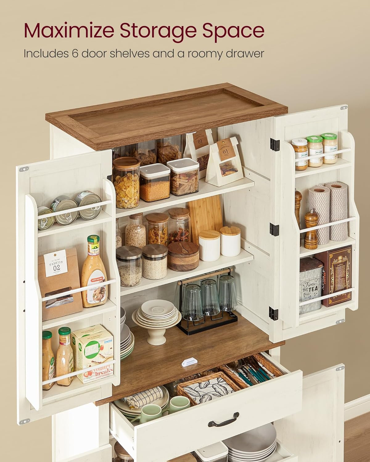 LIRY Collection - Pantry Cabinet, 70.3-Inch Tall Farmhouse Kitchen Storage Cabinet with Barn Doors, Drawer, Tray, Adjustable Shelves, for Kitchen, Dining Room, Hazelnut Brown UBBK364K01