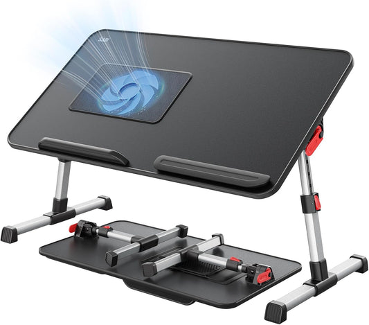 Laptop Desk for Bed with Cooling Fan, Height & Angle Adjustable Laptop Stand for Bed, Lap Desk Tray Table, Lightweight Foldable Portable Computer Table for Couch Sofa Chair Floor Desk (Black)
