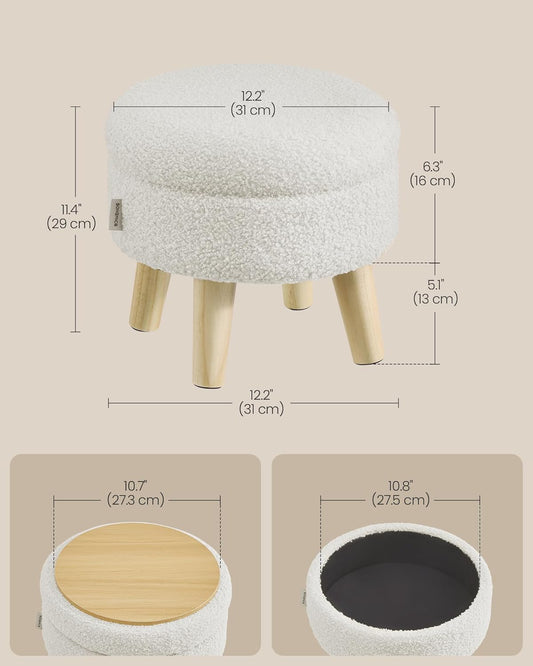 Storage Ottoman, Foot Stool, round Ottoman with Padded Seat, Foot Rest with Wood Legs, Small Table, for Hallway, Living Room, 12.2 Inches, Teddy Fleece, White ULOM515WD01