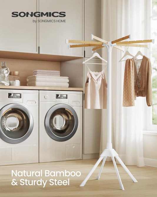Clothes Drying Rack, with Bamboo Hanging Rods, Foldable Metal Laundry Rack, Space-Saving, Free-Standing Airer, Indoor Use, White and Natural ULLR516W01