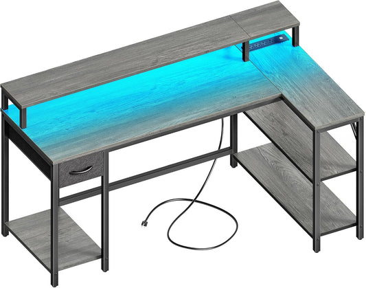 53 Inch Reversible L Shaped Desk with LED Lights & Power Outlets, Computer Desk with Shelves & Monitor Stand, Gaming Desk with Drawer, Home Office Desk Corner Desk, Grey