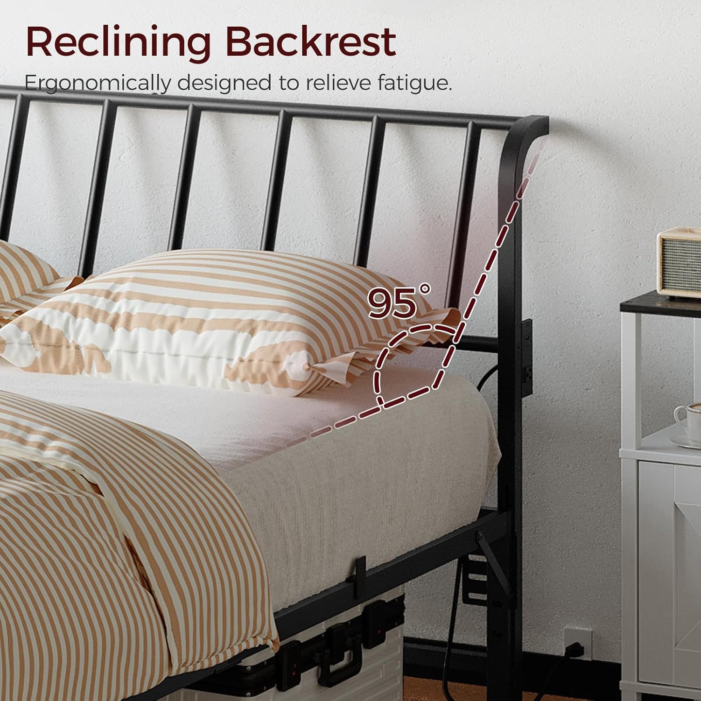 Queen Size Headboard Only, Metal Headboard with 2 Power Strips, 95 Degrees Reclining Backrest with Bed Frame Adapters, Easy Assembly, Black