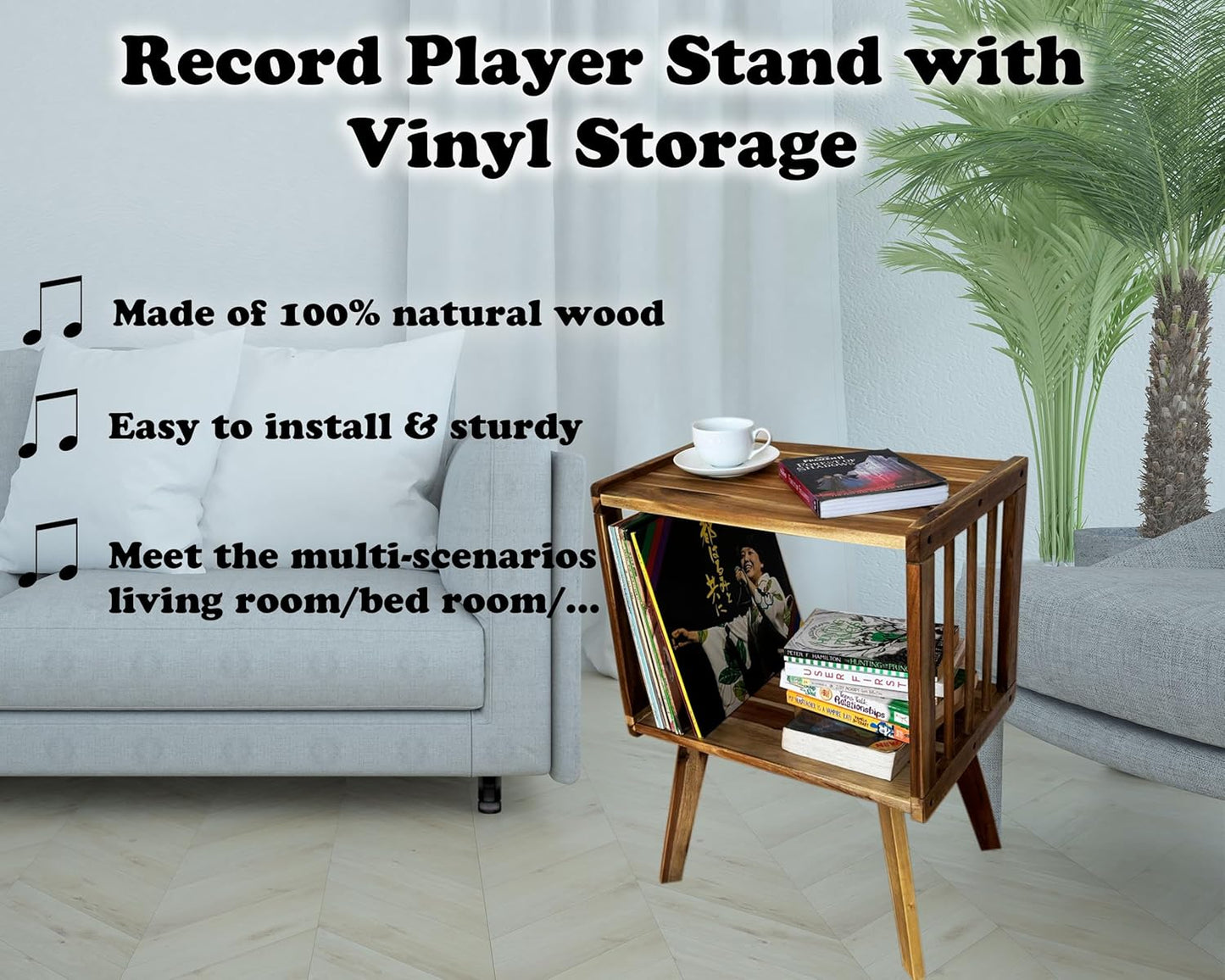 Record Player Stand Stores up to 100 LP Albums. Vinyl Record Display Holder for Living Room Bedroom, Turntable Stand, Record Player Table, End Table Made of 100% Natural Solid Wood (BROWN RUSTIC)