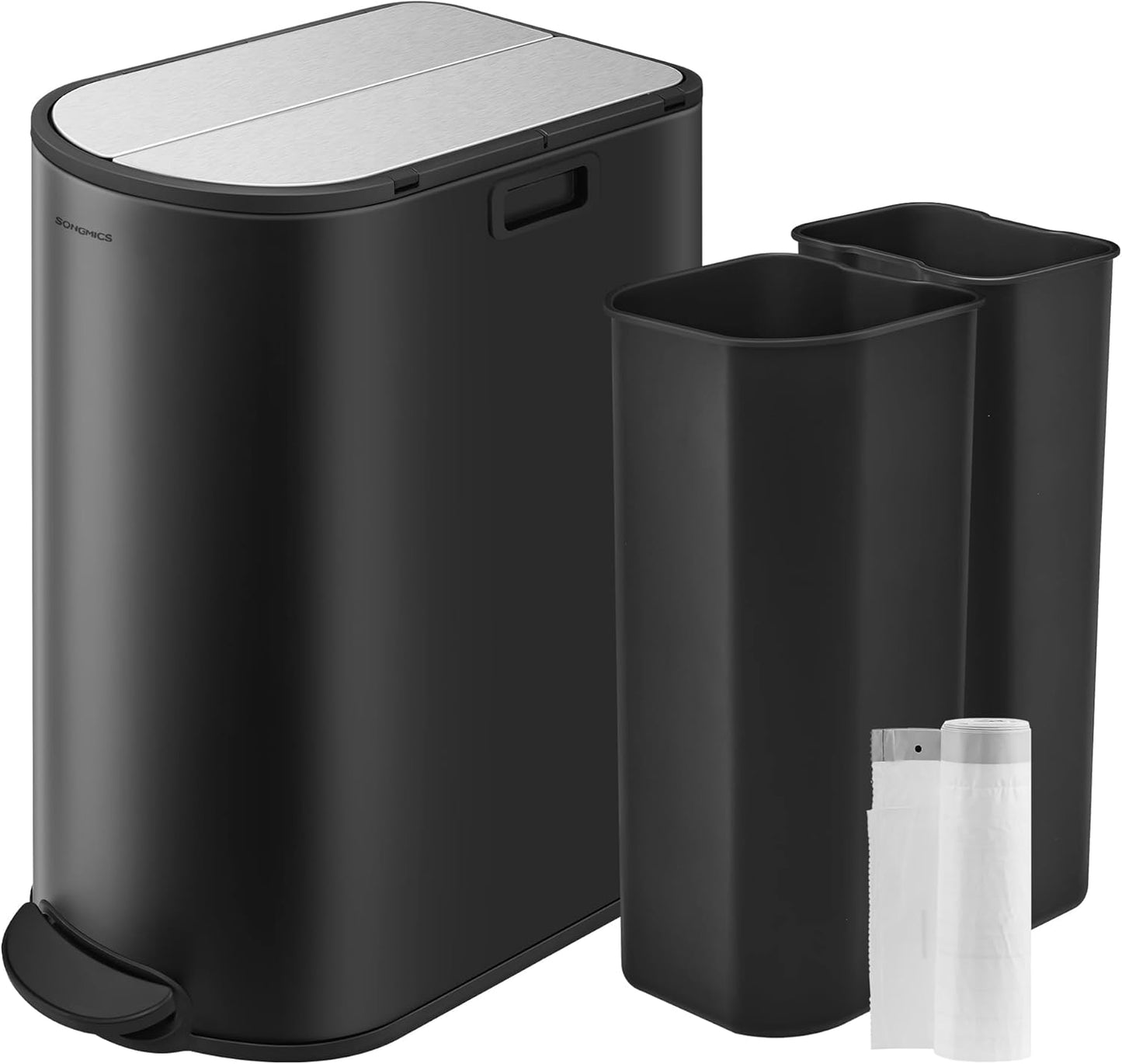 13-Gallon Dual Kitchen Trash Can, 5.3 and 8 Gallon Compartments, Garbage Can with Wing Lids, Stainless Steel, Soft Close, Inner Buckets, Metallic Silver ULTB570E50