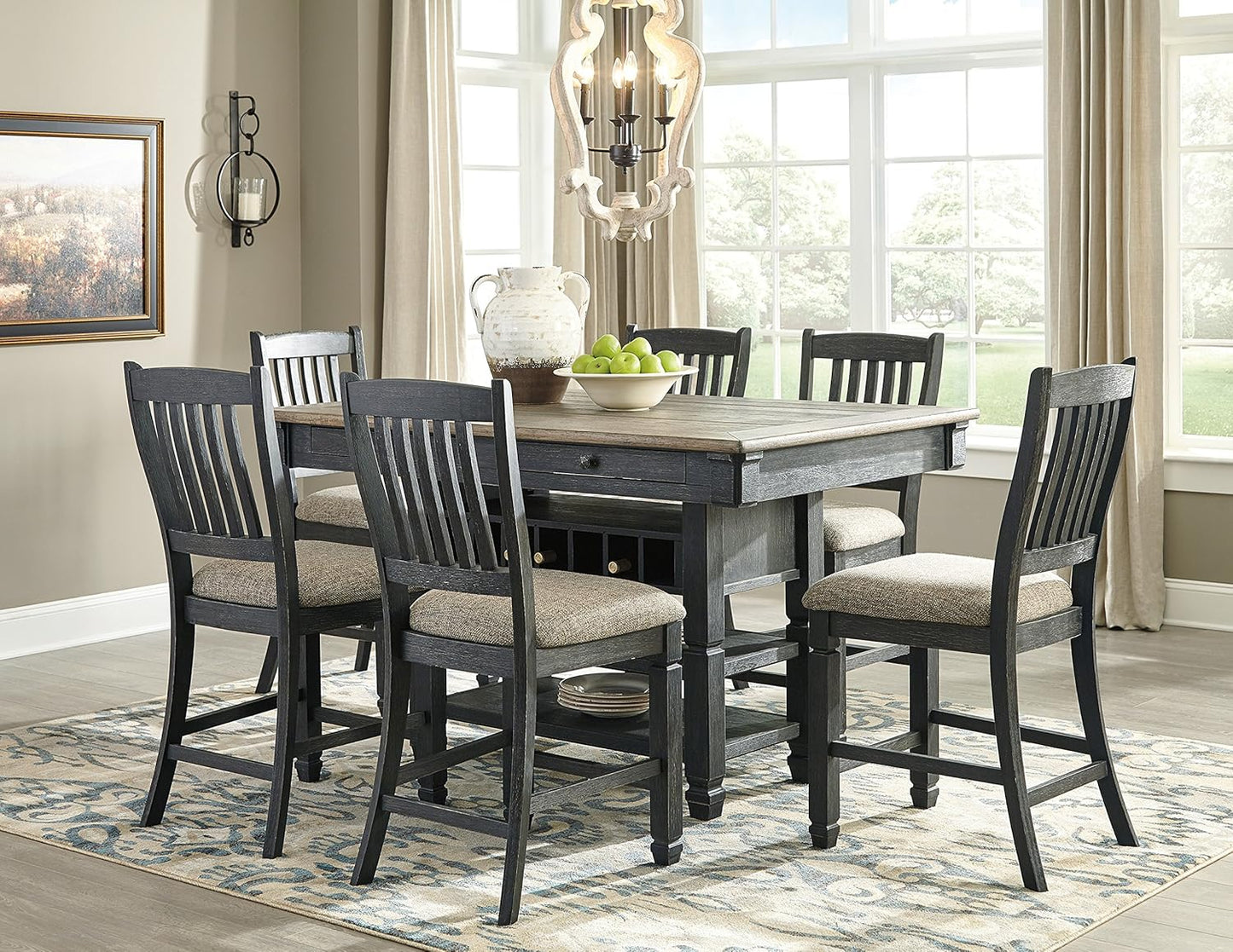 Tyler Creek Farmhouse 36"Counter Height Dining Table with Wine Rack, Amost Black