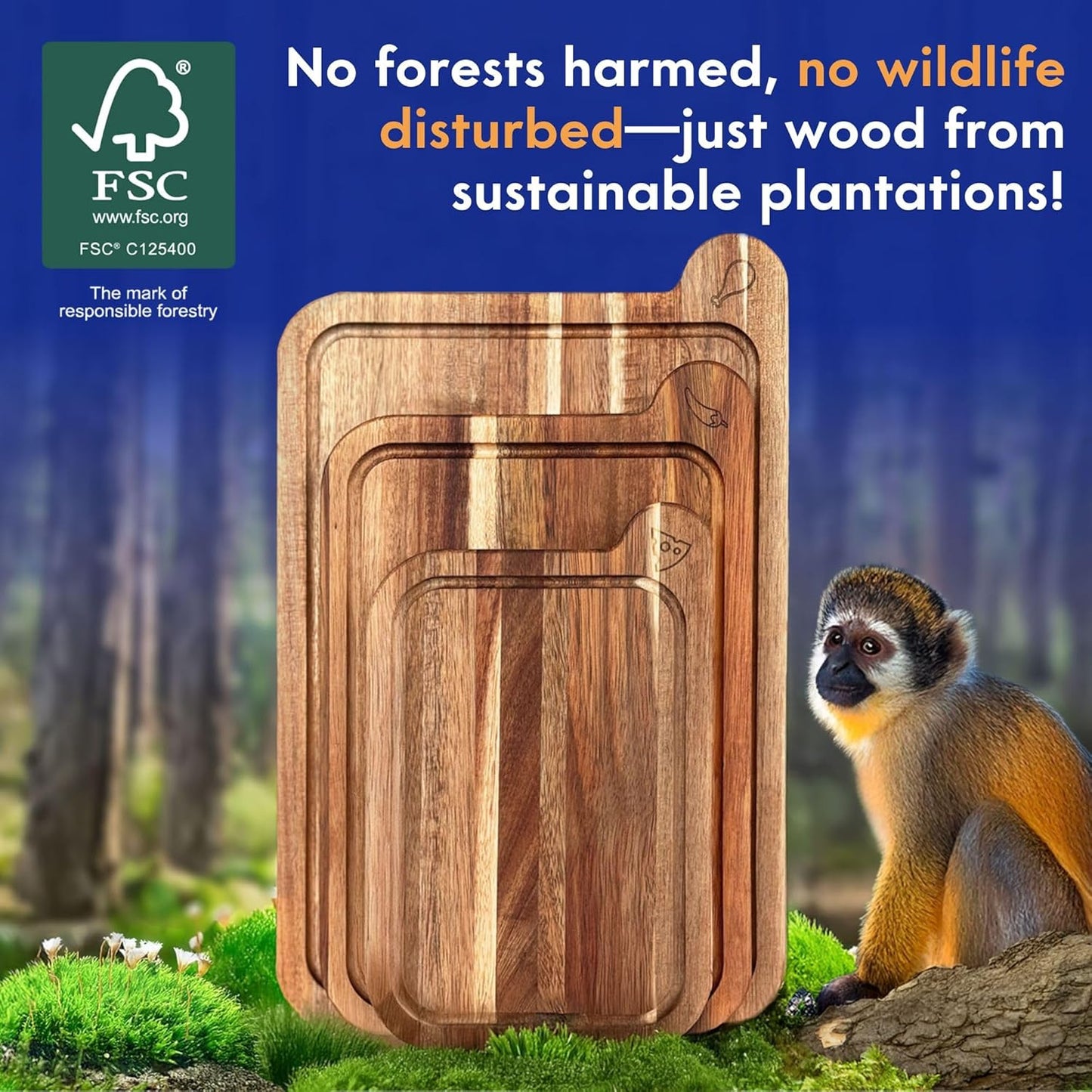 Non Toxic Cutting Boards - Cutting Board Set Free of Mineral Oil, Made of FSC Acacia Wood - Cutting Boards for Kitchen - Includes 3 Chopping Boards. by