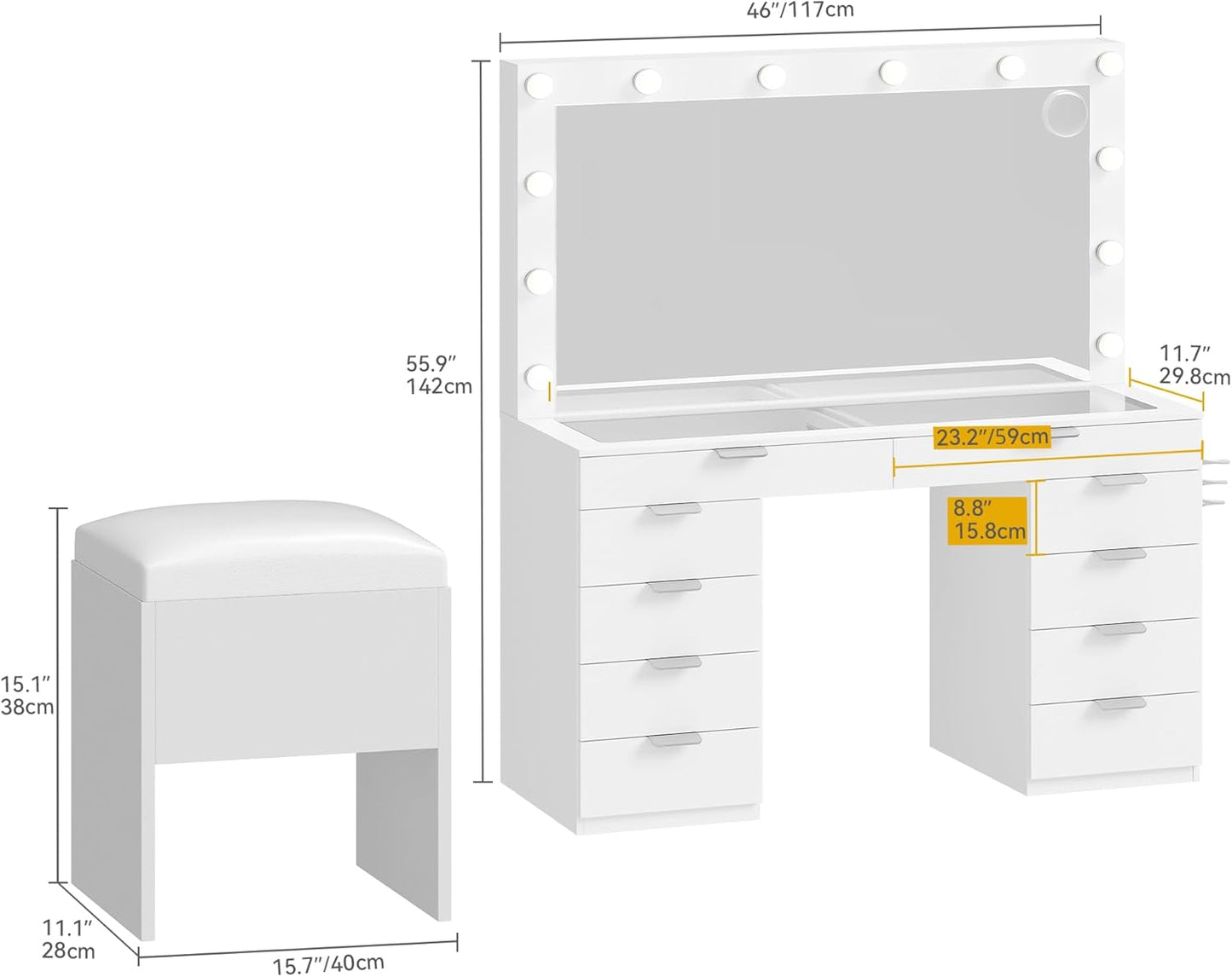 Vanity Desk Set with Mirror & Power Outlets, Vanity Table with Stool, 12 LED Bulbs, 3 Dimmable Light Colors, 10 Drawers, Hair Dryer Rack & Magnifying Mirror