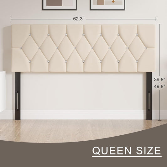 Tufted Upholstered Headboard Queen Size, with 6 Adjustable Height from 39.8" to 49.8", Button Diamond Design, Easy Assembly, Beige