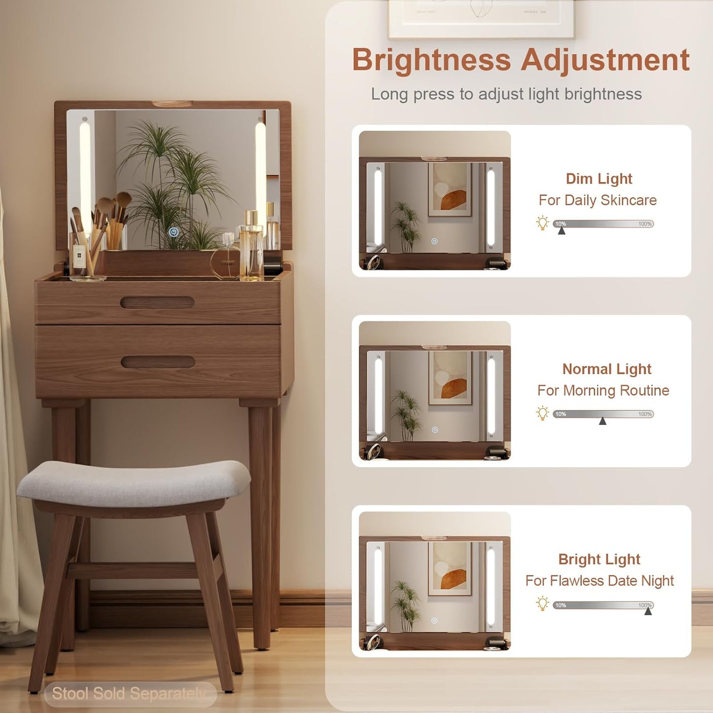 Solid Wood Small Vanity Desk with Flip Top Mirror, Brightness Adjustable Lights, Compact Vanity with Glass Top and Drawers, Slim Dressing Table for Small Space, Bedroom, Living Room, Walnut