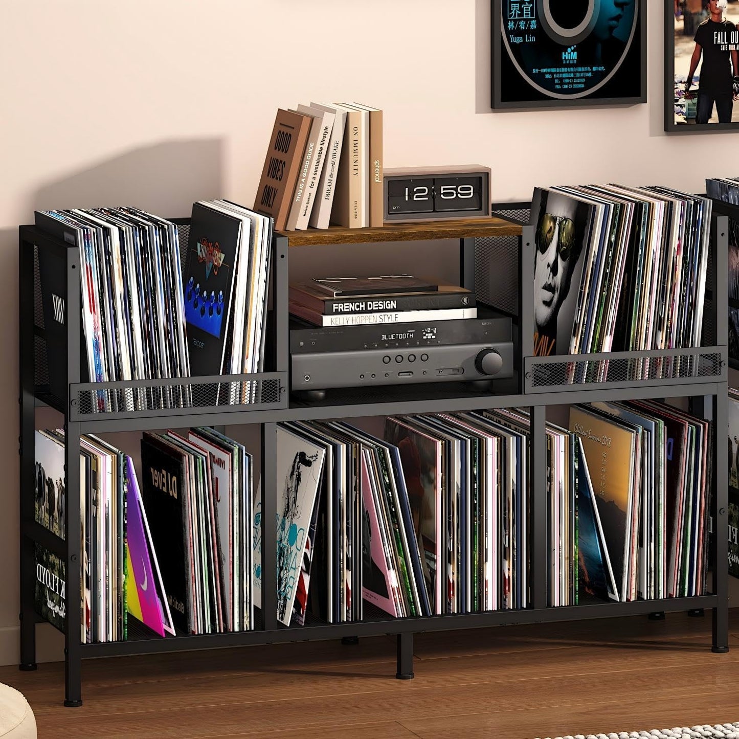 Record Player Stand, Turntable Stand with 3-Compartment Vinyl Storage Cabinet, Holds 300+ Albums, Sturdy Record Player Table for Living Room & Music Room