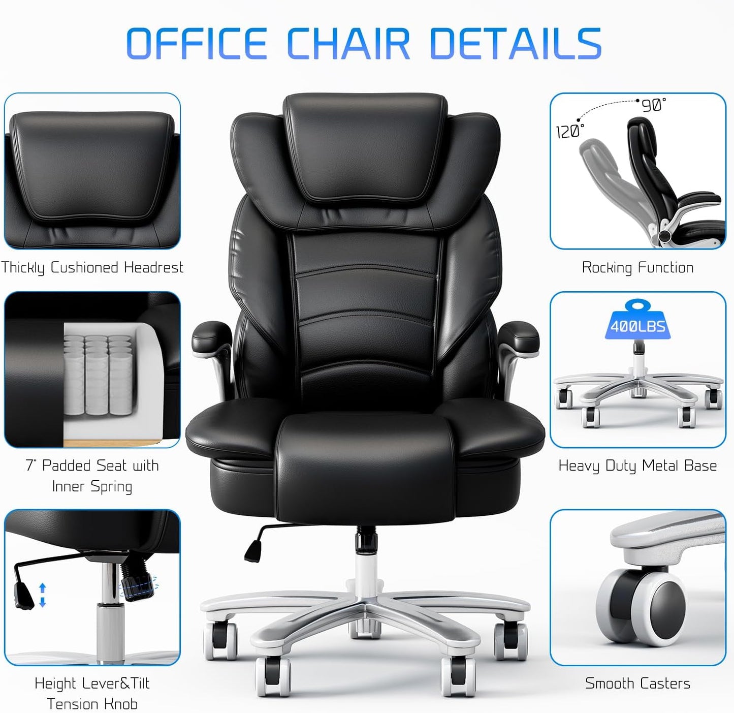 Big and Tall Office Chair 400Lb Wide Seat, Ergonomic High Back Leather Executive Desk Chair with Flip-Up Arms, Black