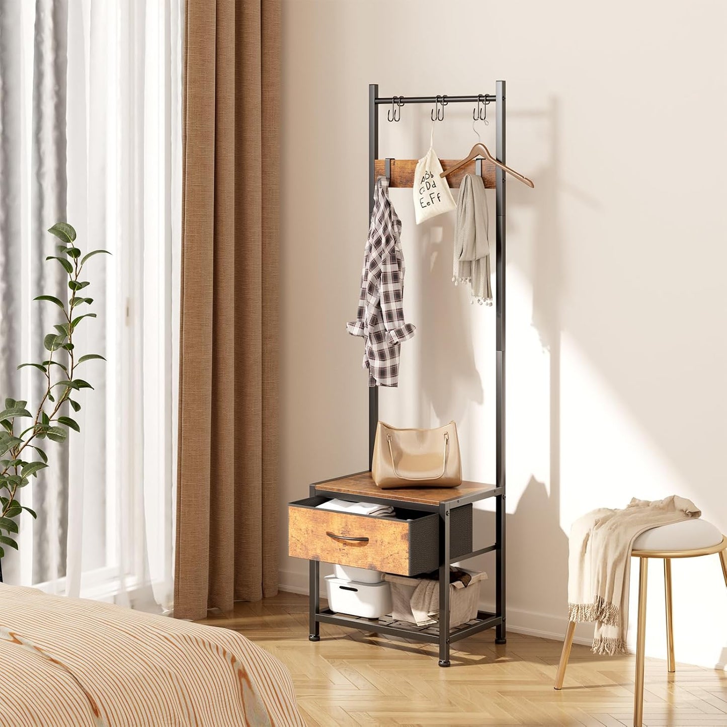 Narrow Coat Rack Shoe Bench, Hall Tree for Small Place with Drawer Storage, Shoe Bench with Cubby Storage, Wood Look Accent Furniture with Metal Frame, 3-In-1 Design (Rustic Brown)