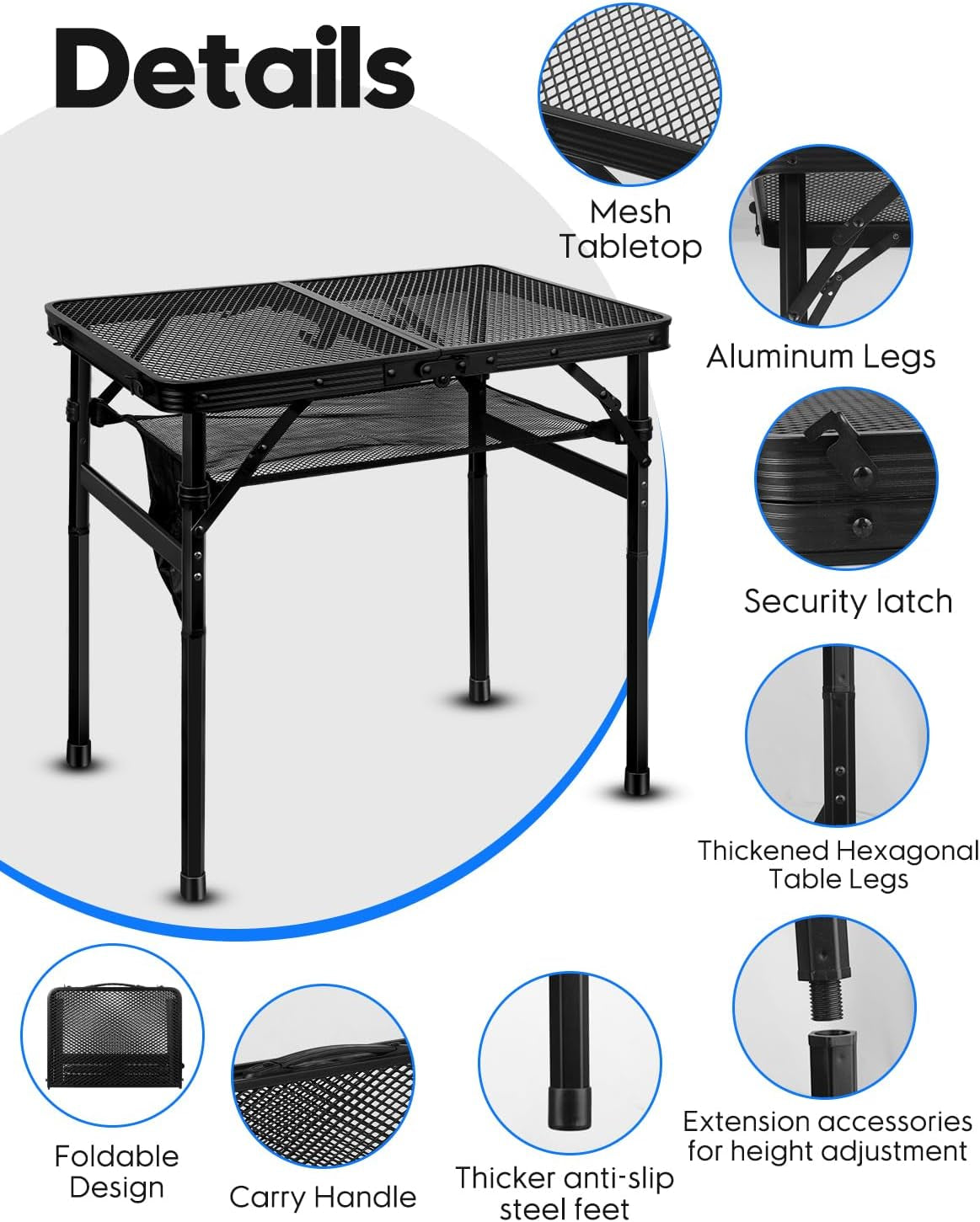 Folding Grill Table, Height Adjustable Aluminum Table with Mesh Desktop and Mesh Bag, Portable Grill Table for Outdoor Camping, Picnic, Patio, Dining, BBQ, Party, Black, 23.6×15.7 Inch