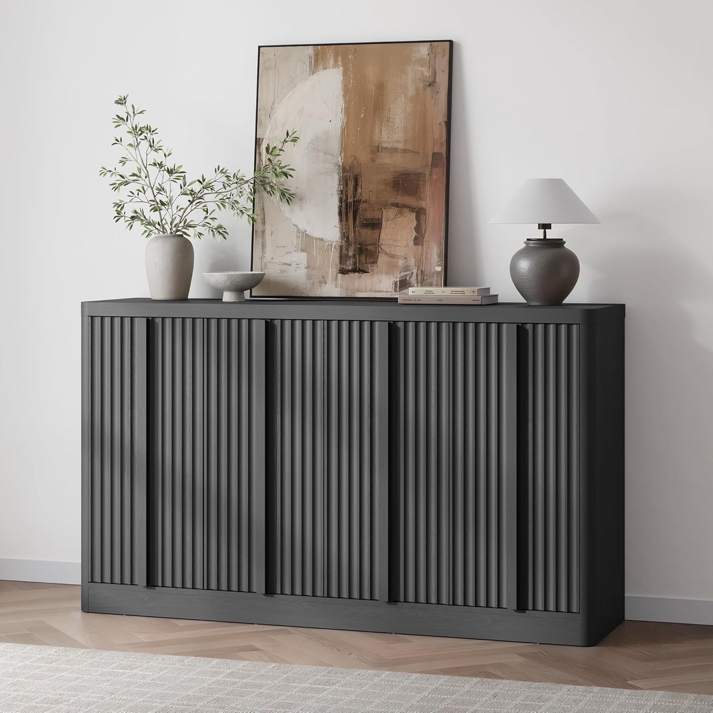 Fluted Buffet Cabinet with Storage, 60" Sideboard Buffet Storage Cabinet with 4 Doors & Adjustable Shelves, Wood Coffee Bar Credenza Accent Cabinet for Kitchen, Living Room, Black(1Pcs)