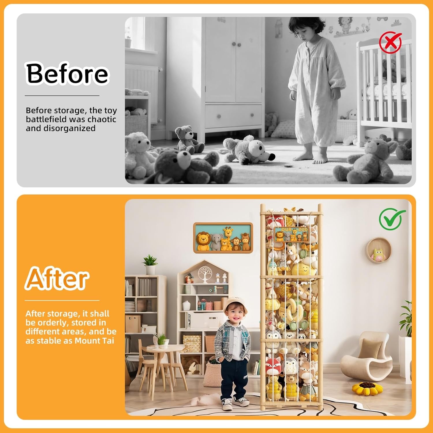 Wooden Stuffed Animals Storage Tower, Vertical Stuffy Animal Zoo Organizer with Nameplate, Large Stuffed Animal Cage for Kids Room, Stuffy Storage Holder for Nursery and Playroom Natural Wood