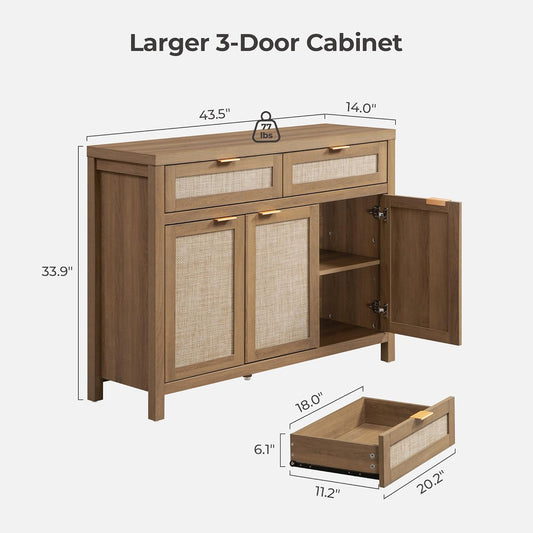 Rattan Sideboard Buffet Cabinet with Storage, Boho Credenza Accent Cabinet with 3 Doors and 2 Drawers, Farmhouse Console Coffee Bar for Kitchen, Living Room, and Entryway, Caramel Oak