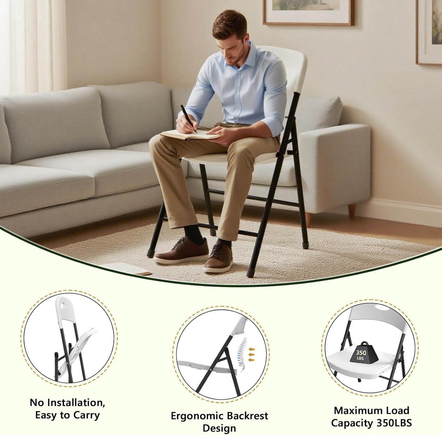 Folding Chair 4 Pack, Outdoor Plastic Sturdy Metal White Folding Chairs for outside Indoor, Portable 350 Lbs Capacity Heavy Duty Foldable Commercial Seating for Picnic, Party, Patio