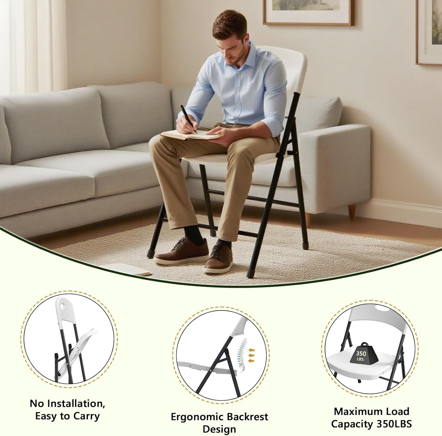 Folding Chair 4 Pack, Outdoor Plastic Sturdy Metal White Folding Chairs for outside Indoor, Portable 350 Lbs Capacity Heavy Duty Foldable Commercial Seating for Picnic, Party, Patio