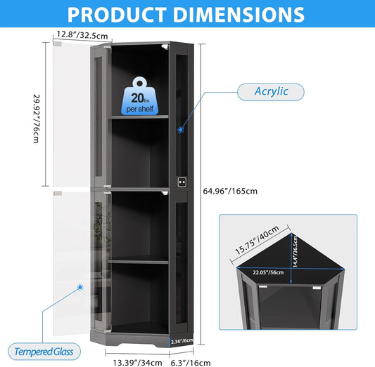 65" Corner Glass Display Cabinet with LED Lights, 4-Tier Showcase Display Case with Glass Doors & Human Body Sensor for Collectibles, Liquor, Black