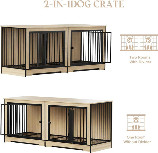 75 Inch Extra Large Double Dog Crate Furniture with Divider, XXL Upgraded Thick Wooden Dog Crate TV Stand