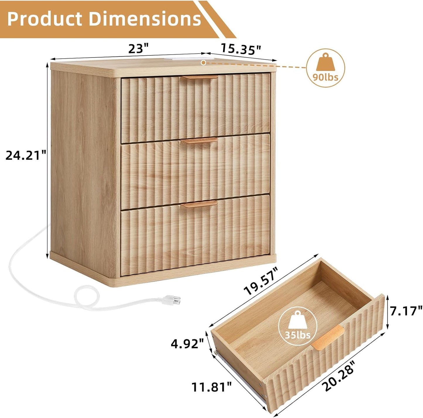 23" Wide Fluted Farmhouse Night Stand Set of 2 with Charging Station, 3 Drawers Large End Table W/Metal Handle, Natural Nightstand Bedside Table,Wood Dresser for Bedroom, Closet