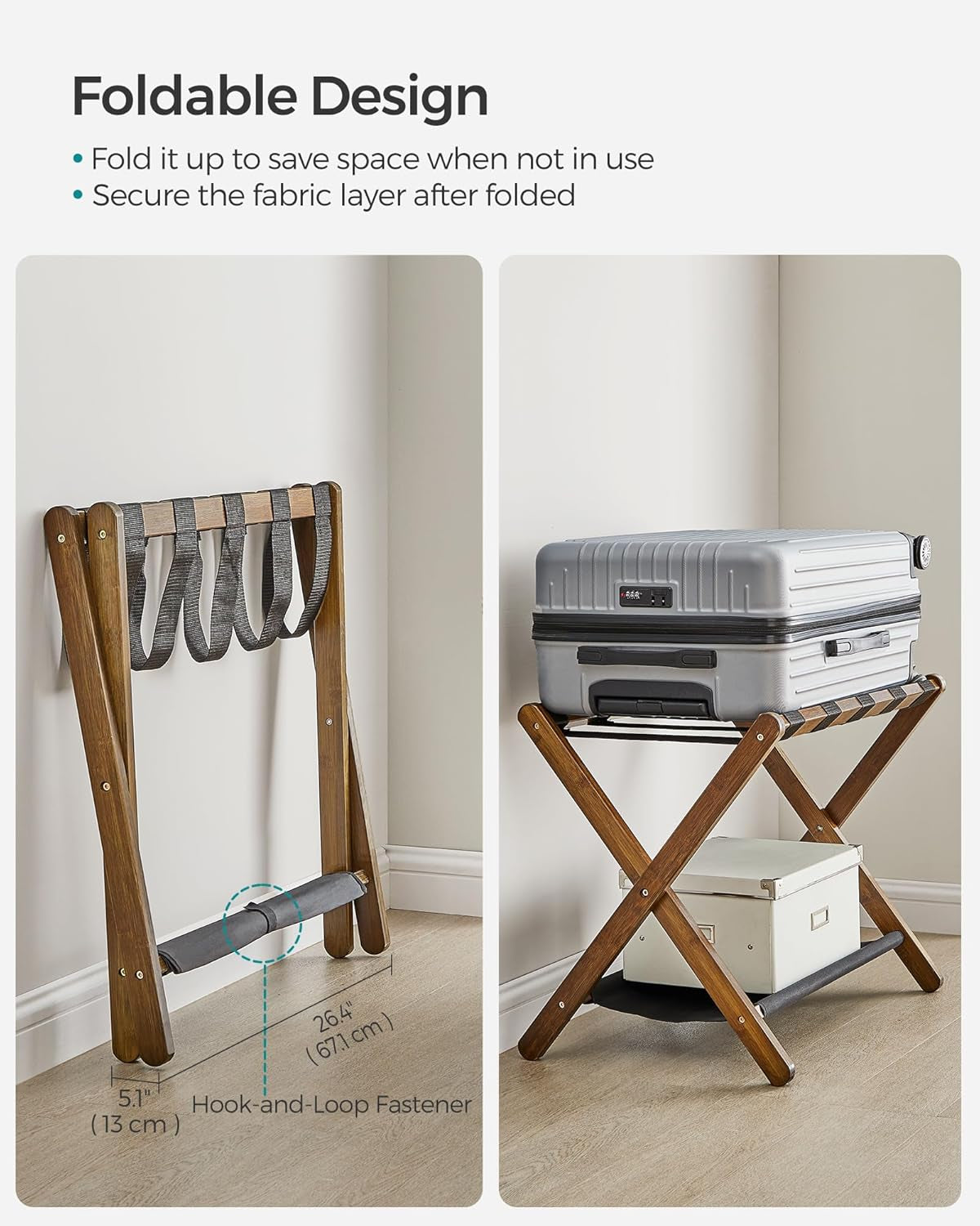 Walnut brown folding luggage rack with storage shelf, view 7