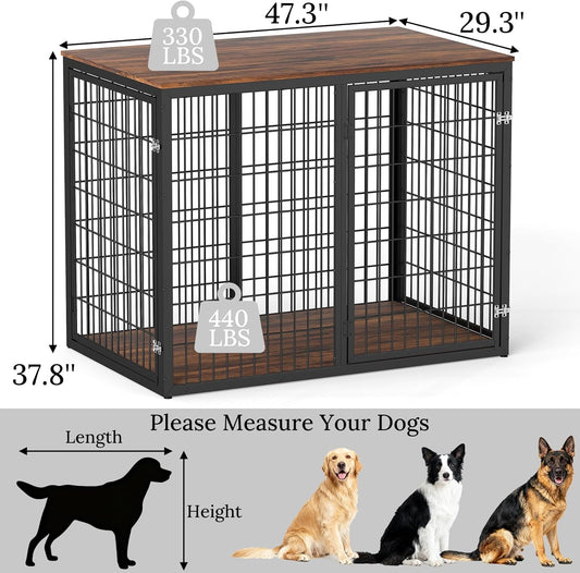 48" Dog Crate Furniture for Medium Large Dogs, Indestructible Large Dog Kennel Indoor with 3 Doors, Wooden Dog Cage Side End Table, Heavy Duty XL Dog Crate, Brown