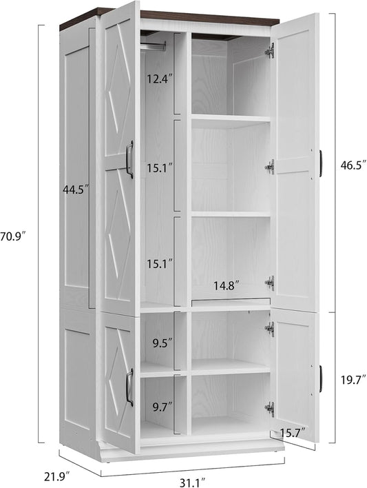 Wardrobe Closet, 71" H Tall Wooden Closet with 5 Clothing Shelves, 4 Doors and Hanging Rod for Hanging Clothes, Bedroom Freestanding Armoire Storage Cabinet, Stand Alone Clothing Unit, White