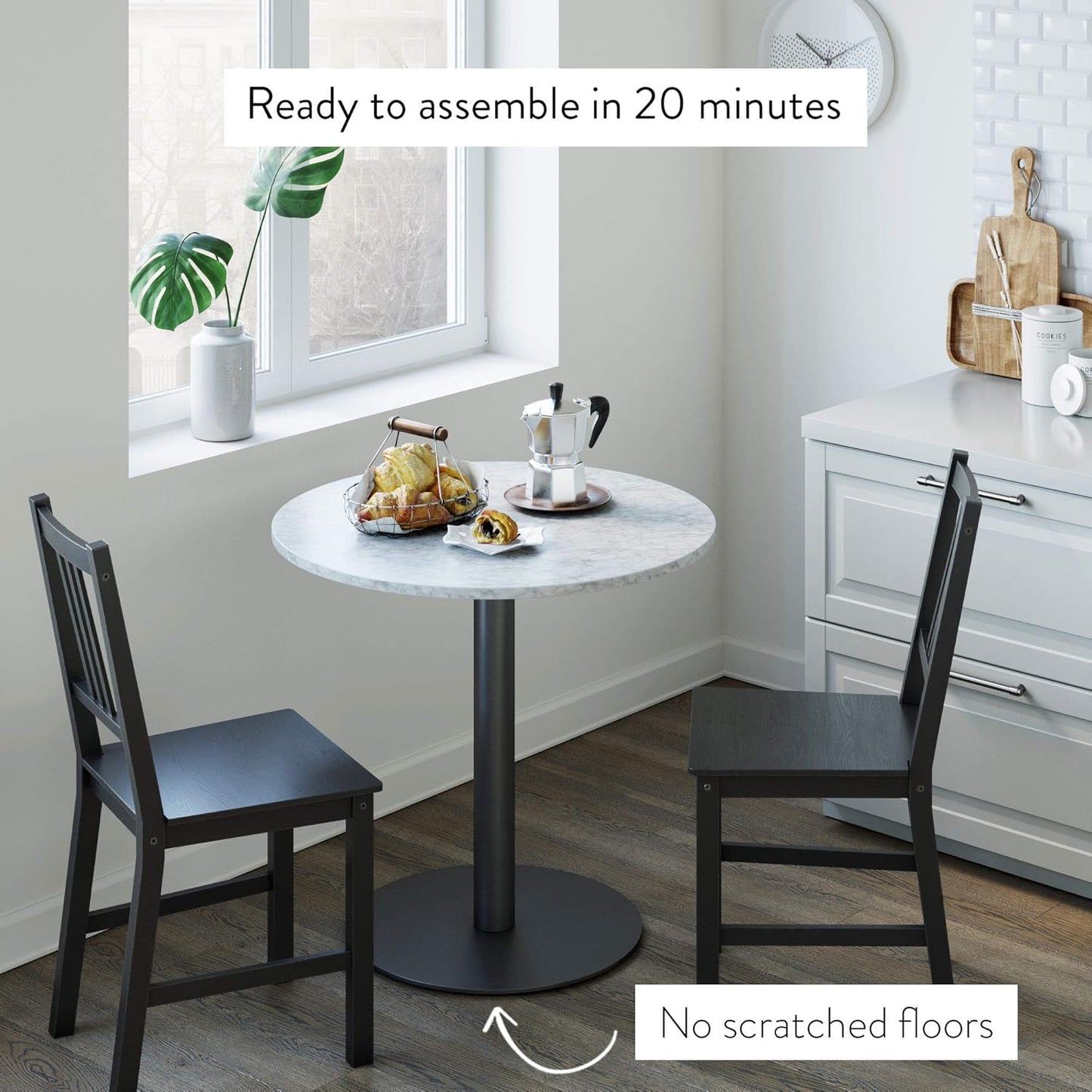 Bistro Lucy Small Mid-Century Modern Kitchen or Dining Table with Faux Carrara Marble Top and Brushed Metal Pedestal Base, Black, 31.5D X 31.5W X 29H In