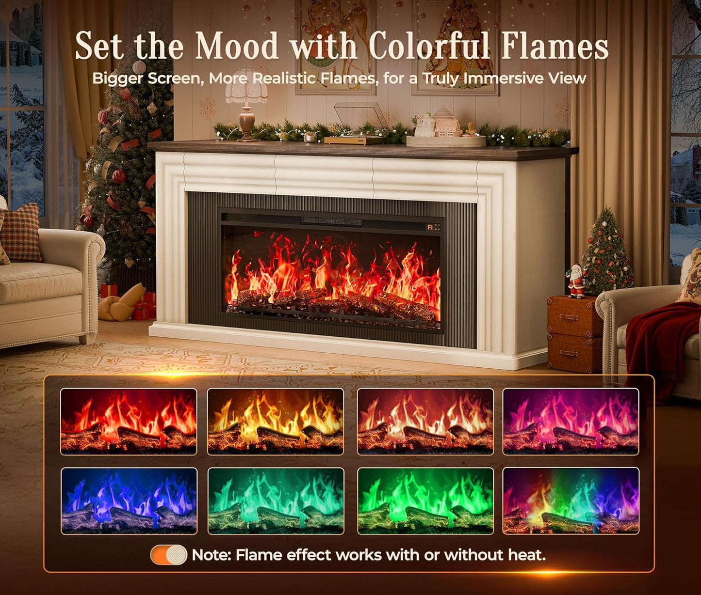 70'' Fireplace TV Stand with 42'' Electric Fireplace, Farmhouse TV Stand for 65 75 Inch TV, Entertainment Center TV Console with 3 Drawers, Fluted Design, for Living Room, Distressed White