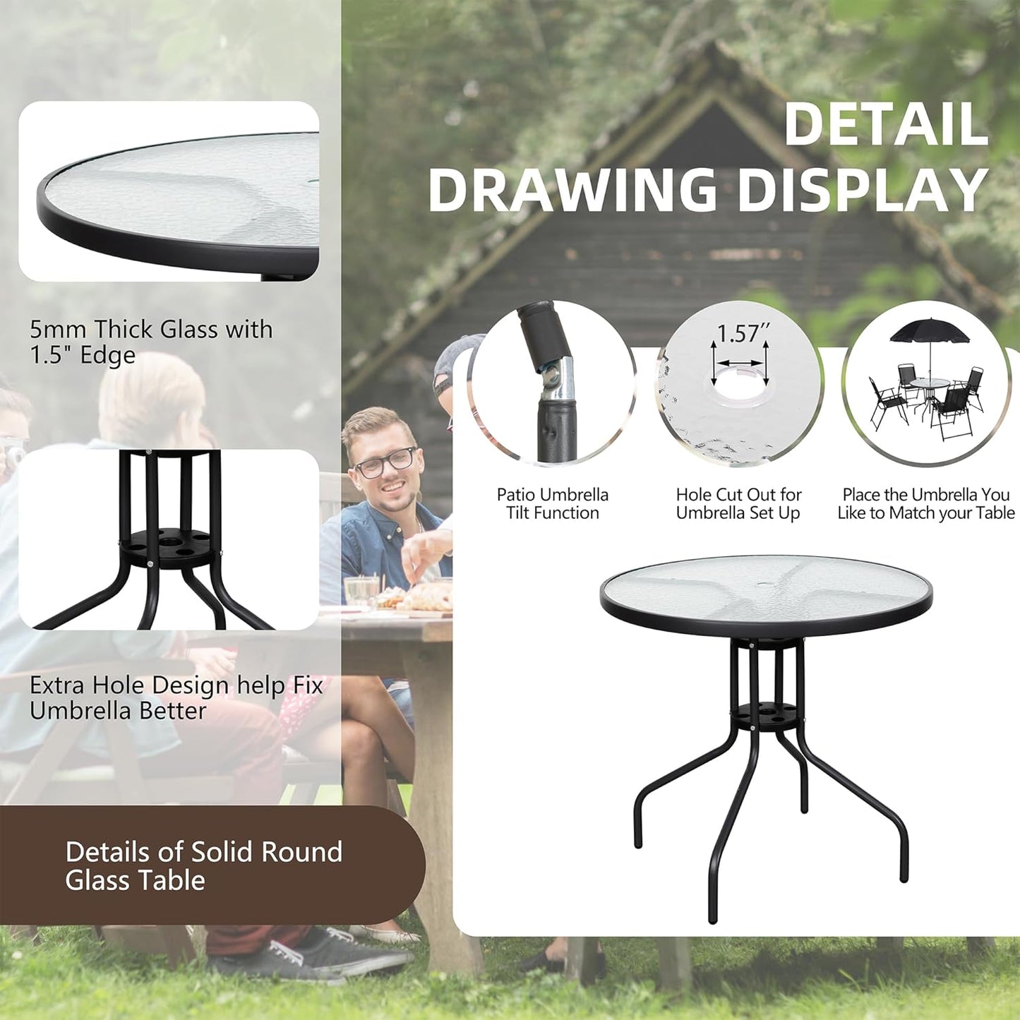 6 Piece Folding Patio Dining Set,Small Metal Outdoor Garden Patio Table and Chair Set W/Umbrella for Lawn,Deck,Backyard,Black